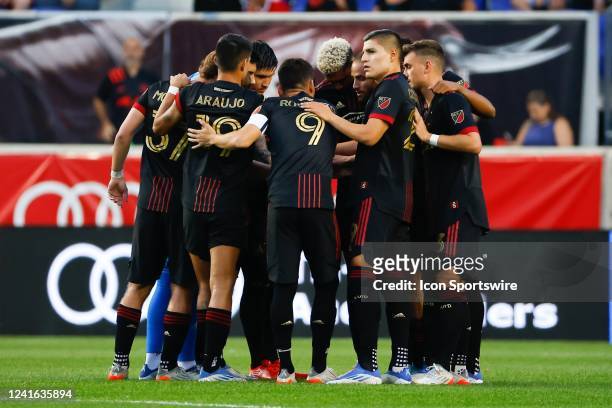 Atlanta United starting 11 huddle prior to the Major League Soccer game between the New York Red Bulls and Atlanta United on June 30, 2022 at Red...