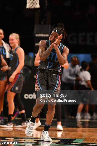 Erica Wheeler of the Atlanta Dream celebrates during the game against the New York Liberty on June 30, 2022 at the Barclays Center in Brooklyn, New...