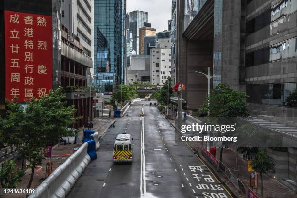 Water-filled barriers in front of the Convention and Exhibition Center, where President Xi Jinping is expected to speak on the 25th anniversary of...