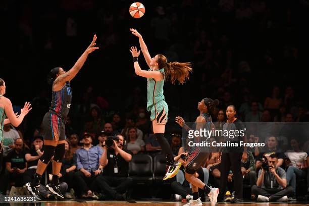 Sabrina Ionescu of the New York Liberty shoots the ball during the game against the Atlanta Dream on June 30, 2022 at the Barclays Center in...