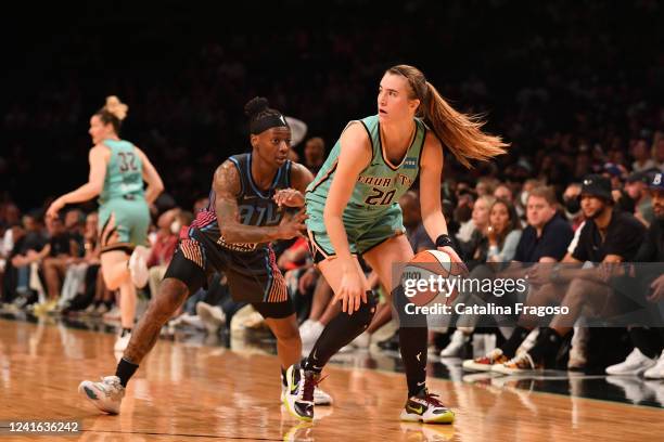 Sabrina Ionescu of the New York Liberty handles the ball during the game against the Atlanta Dream on June 30, 2022 at the Barclays Center in...