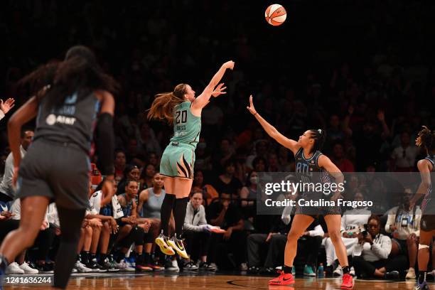 Sabrina Ionescu of the New York Liberty shoots the ball during the game against the Atlanta Dream on June 30, 2022 at the Barclays Center in...