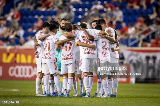 Members of the New York Red Bulls huddle before the start of the second half of the Major League Soccer match against the Atlanta United at Red Bull...