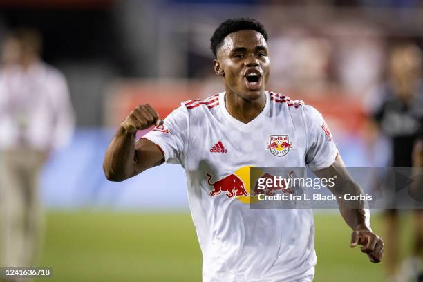Serge Ngoma of New York Red Bulls cheers for fans after the Major League Soccer match against the Atlanta United at Red Bull Arena on June 30, 2022...