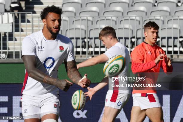 England's captain Courtney Lawes passes the ball during the captains run at Optus Stadium in Perth on July 1 ahead of the tour match against...