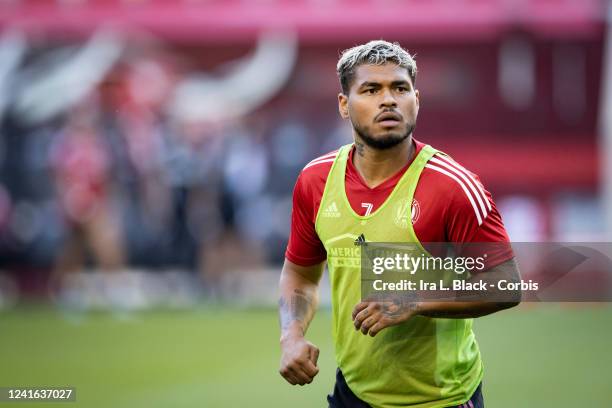 Josef Martínez of Atlanta United warms up before the Major League Soccer match against New York Red Bulls at Red Bull Arena on June 30, 2022 in...