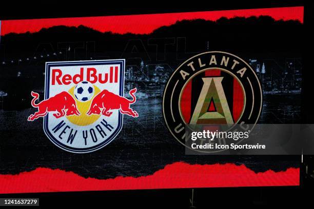 General view of the New York Red Bulls and Atlanta United logos on the scoreboard during the Major League Soccer game between the New York Red Bulls...