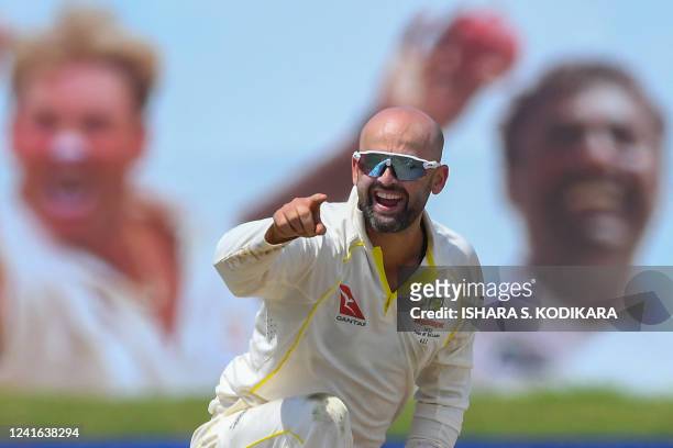 Australia's Nathan Lyon unsuccessfully appeals for a leg before wicket against Sri Lanka's Kusal Mendis during the third day of first cricket Test...