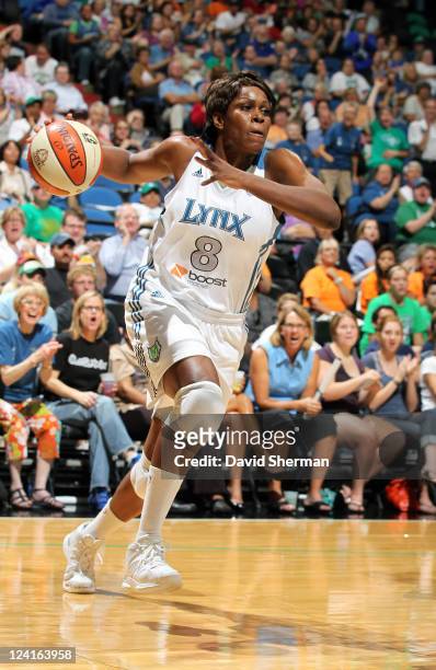 Taj McWilliams-Franklin of the Minnesota Lynx drives towards the basket against the Chicago Sky during the game on September 8, 2011 at Target Center...
