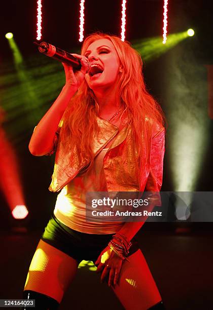 Alexandra Stan performs on stage at the Music meets Media party at Grand Hotel Esplanade on September 8, 2011 in Berlin, Germany.