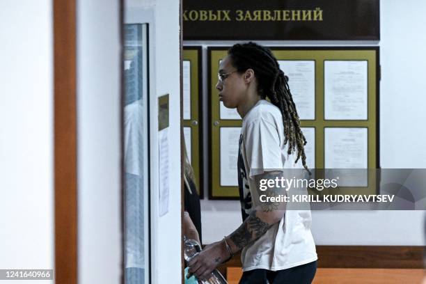 Basketball superstar Brittney Griner arrives to a hearing at the Khimki Court, outside Moscow on July 1, 2022. - Griner, a two-time Olympic gold...