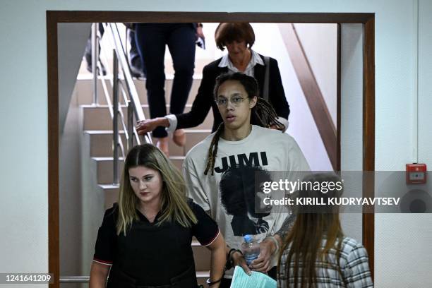 Basketball superstar Brittney Griner arrives to a hearing at the Khimki Court, outside Moscow on July 1, 2022. - Griner, a two-time Olympic gold...