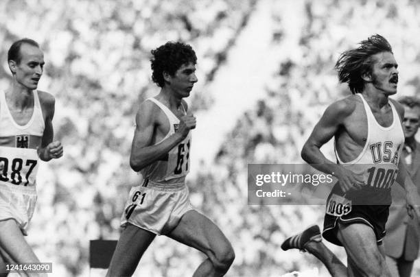 The second heat of the 5000 metres sgowing 1-r 367 Harald Norpoth , 61 Emiel Puttemans and 1008 Steve Prefontaine , winner in 13.31 in Munich on...
