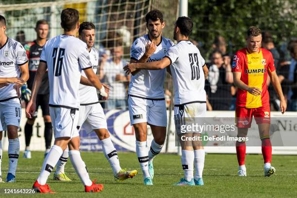 Nelson Oliveira of PAOK Saloniki celebrating his goal with teammates 0-1 during the Pre-Season Friendly match between Go Ahead Eagles and PAOK...