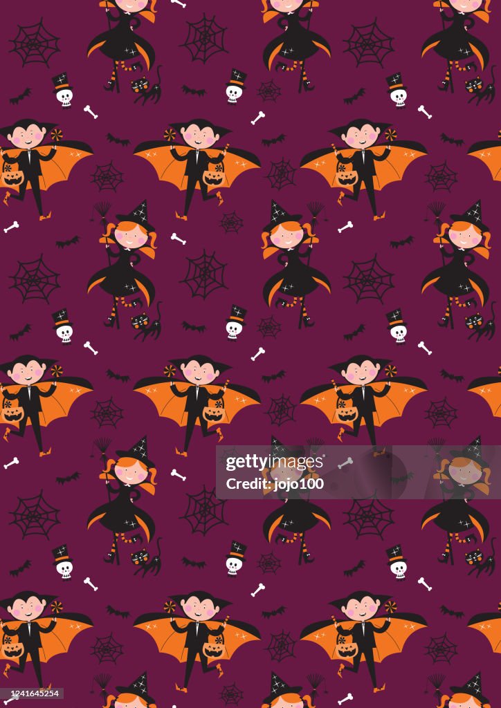Halloween Character Pattern Seamless Repeat Purple Halloween Characters Pattern High-Res Vector ...