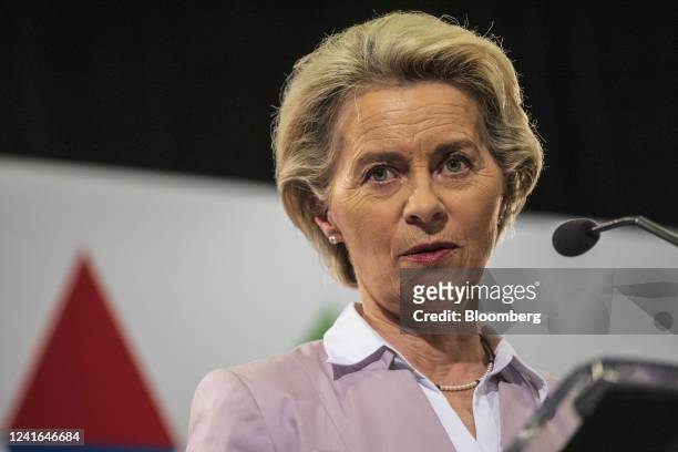 Ursula von der Leyen, president of the European Commission, during a news conference following an event to mark the first day of the Czech Presidency...
