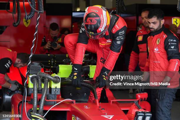 Carlos Sainz Jr of Spain and Ferrari gets out of his car during practice ahead of the F1 Grand Prix of Great Britain at Silverstone on July 1, 2022...