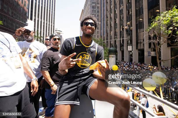 James Wiseman of the Golden State Warriors poses for a photo during their 2022 Victory Parade & Rally on June 20, 2022 at Chase Center in San...