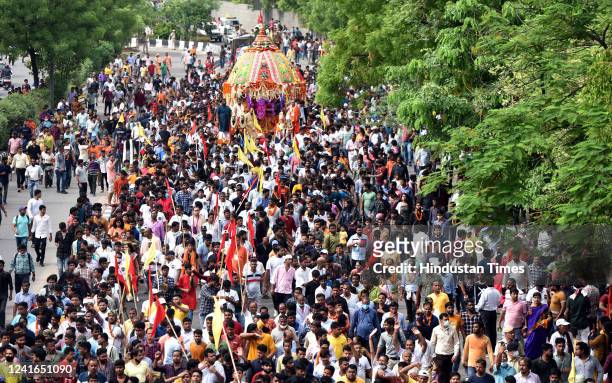 Devotees gather in huge numbers to pull the chariot of Lord Jagannath, Lord Balabhadra and Goddess Subhadra during the annual Rath Yatra of Lord...