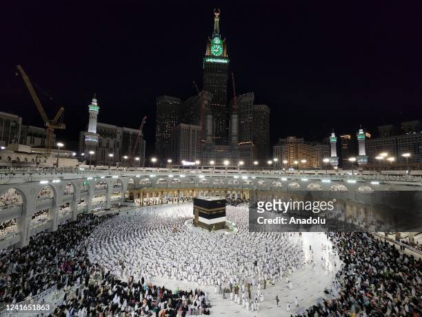 Muslims, who came to the holy lands from all over the world, perform night prayer as they continue their worship to fulfill the Hajj pilgrimage in...