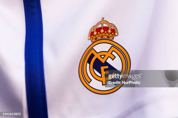 Real Madrid logo is seen on a football shorts at the souvenir shop in Madrid, Spain on June 27, 2022.
