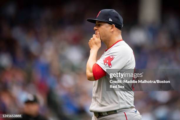 Hansel Robles of the Boston Red Sox reacts as he walks off the mound during the sixth inning of a game against the Chicago Cubs on July 1, 2022 at...