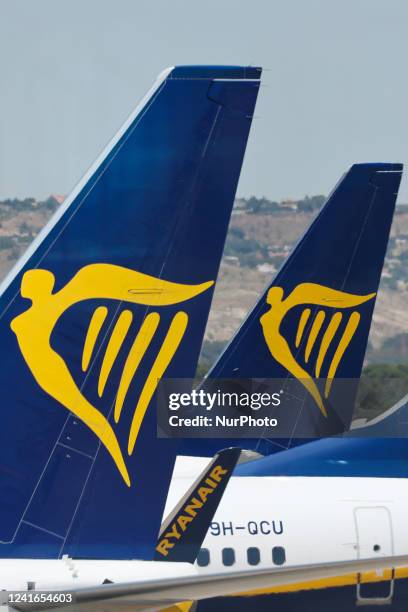 Ryanair logos are seen on planes at the Barajas Airport in Madrid on July 1, 2022.