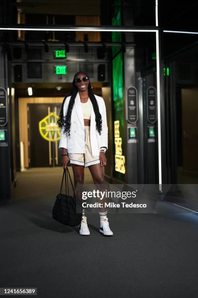 Ezi Magbegor of the Seattle Storm arrives to the arena prior to the game against the Indiana Fever on May 1, 2022 at Climate Pledge Arena in Seattle,...