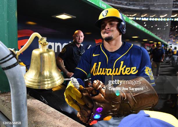 Willy Adames of the Milwaukee Brewers celebrates his grand slam during the eighth inning against the Pittsburgh Pirates at PNC Park on July 1, 2022...