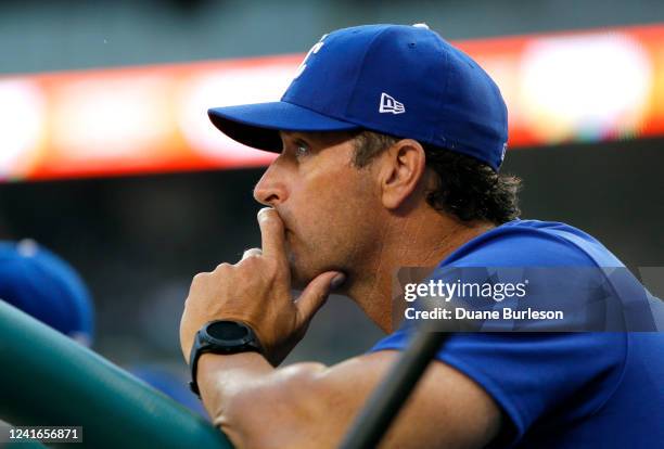 Manager Mike Matheny of the Kansas City Royals watches from the steps during the second inning of a game against the Detroit Tigers at Comerica Park...