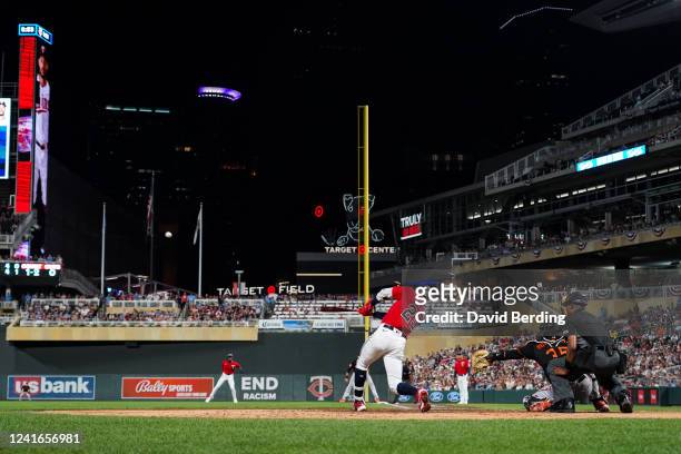 Byron Buxton of the Minnesota Twins hits a walk off two-run home run against the Baltimore Orioles in the ninth inning of the game at Target Field on...