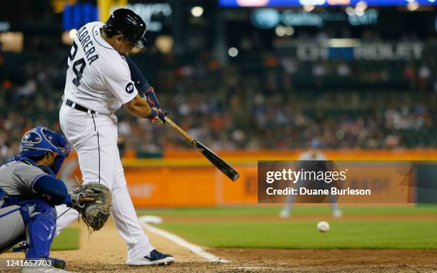 Miguel Cabrera of the Detroit Tigers hits a grounder for an out against the Kansas City Royals during the eighth inning at Comerica Park on July 1 in...