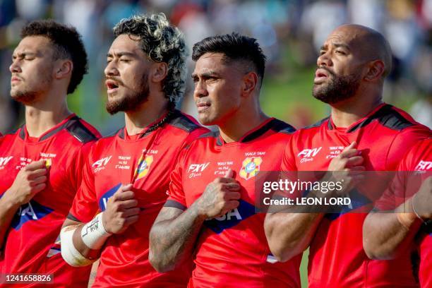 Malakai Fekitoa sings national anthems with Tongan teammates during the World Rugby Pacific Nations Cup match between Fiji and Tonga at HFC Stadium...