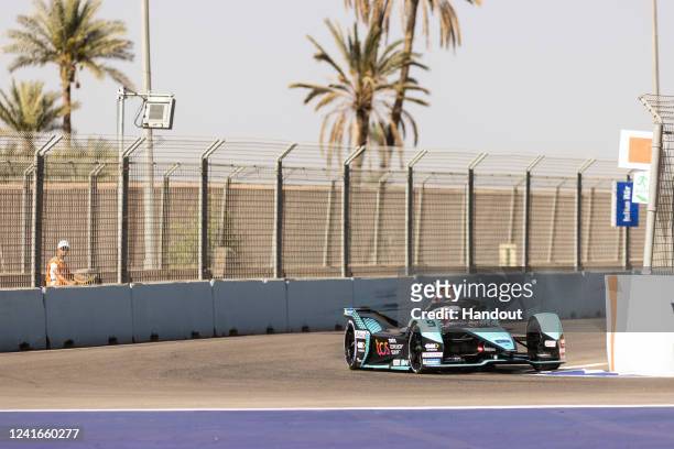 In this handout from Jaguar Racing, Mitch Evans , Jaguar TCS Racing, Jaguar I-TYPE 5 during the ABB FIA Formula E Championship - on July 01, 2022 in...