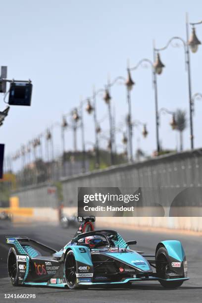 In this handout from Jaguar Racing, Mitch Evans , Jaguar TCS Racing, Jaguar I-TYPE 5 during the ABB FIA Formula E Championship - on July 01, 2022 in...