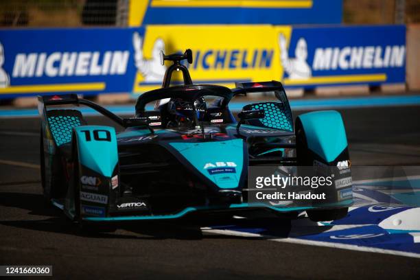 In this handout from Jaguar Racing, Sam Bird , Jaguar TCS Racing, Jaguar I-TYPE 5 during the ABB FIA Formula E Championship - on July 01, 2022 in...