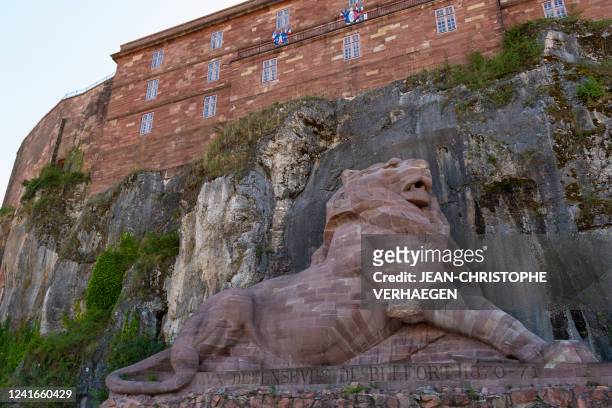 Photograph taken on July 2, 2022 shows the "Lion of Belfort", a monumental sculpture by French sculptor and painter Frederic Auguste Bartholdi , in...