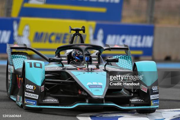 In this handout from Jaguar Racing, Sam Bird , Jaguar TCS Racing, Jaguar I-TYPE 5 during the ABB FIA Formula E Championship - on July 02, 2022 in...