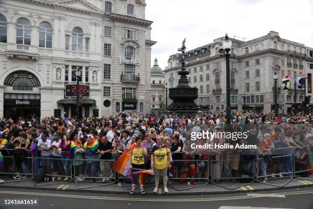 Crowds line the streets around Piccadilly Circus to celebrate Pride in London on July 02, 2022 in London, England. The first Gay Pride march to be...