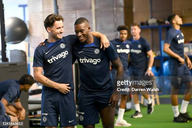 Ben Chilwell and Callum Hudson-Odoi of Chelsea during a warm up in the gym before a training session at Chelsea Training Ground on July 2, 2022 in...