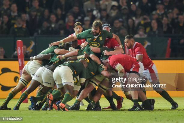 South Africa's lock Lood de Jager react as his team defend's a scrum during an international rugby union match between South Africa and Wales at...
