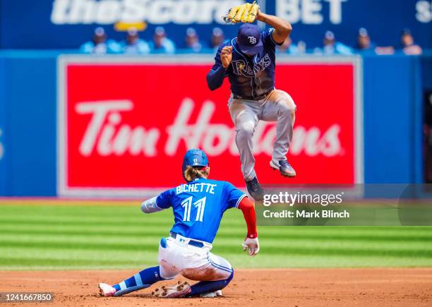 Bo Bichette of the Toronto Blue Jays slides into second base for a double under a jumping Wander Franco of the Tampa Bay Rays in the first inning...