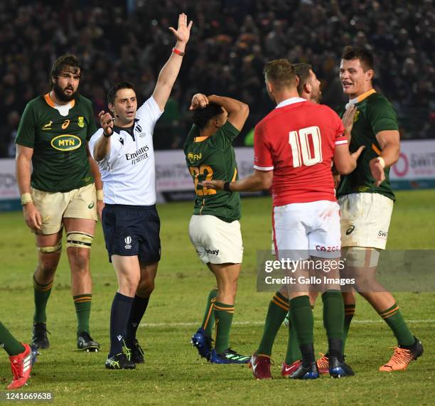 Dan Biggar of Wales remonstrates with Referee, 2of Georgia during the first test match of the 2022 Castle Lager Incoming Series between South Africa...