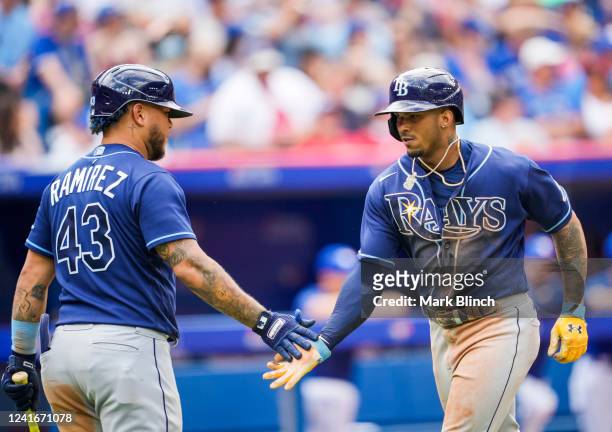 Wander Franco of the Tampa Bay Rays celebrates his home run with Harold Ramirez in the sixth inning against the Toronto Blue Jays during game one of...
