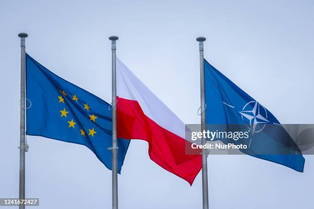 Flags of European Union, Republic of Poland and NATO are seen in Warsaw, Poland on July 2nd. 2022.