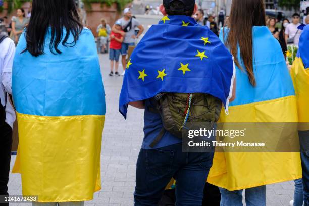 Ukrainians demonstrate at 'Carrefour de l'Europe' in remembrance of Russian war victims in Kremenchuk on July 2, 2022 in Brussels, Belgium. At least...