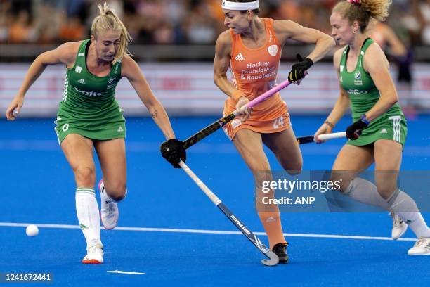 Sarah Hawkshaw and Eva de Goede during the match between the Netherlands and Ireland at the Hockey World Cup at Wagener Stadium, on July 2, 2022 in...