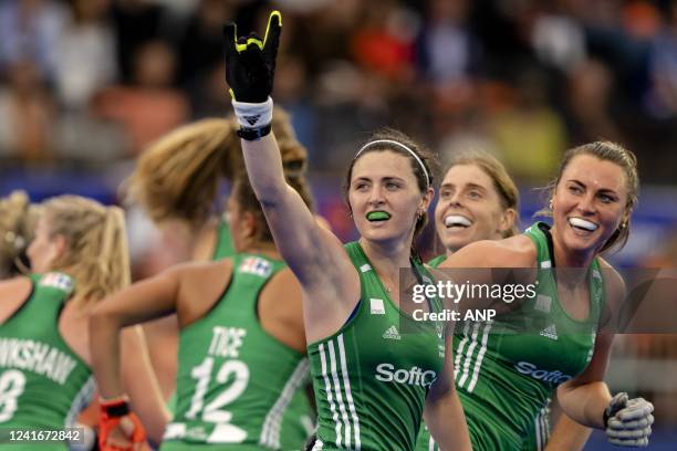 Roisin Upton and Sarah Hawkshaw after Upton scores, during the match between the Netherlands and Ireland at the World Hockey Championships at Wagener...