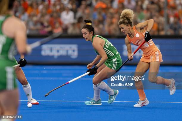 Hannah McLoughlin and Maria Verschoor during the match between the Netherlands and Ireland at the World Hockey Championships at Wagener Stadium, on...