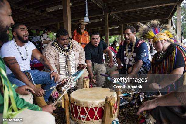 Drummers lead the start of the Grand Entry during the Mashpee Wampanoagââââââ�â Tribe's 101st annual Powwow in Mashpee, Massachusetts on July 2, 2022....